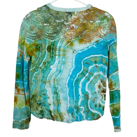 Sandro Tie Dye Shirt Womens Size Small 1 Tee Top Blouse Blue Linen Lace Paris - Picture 5 of 15